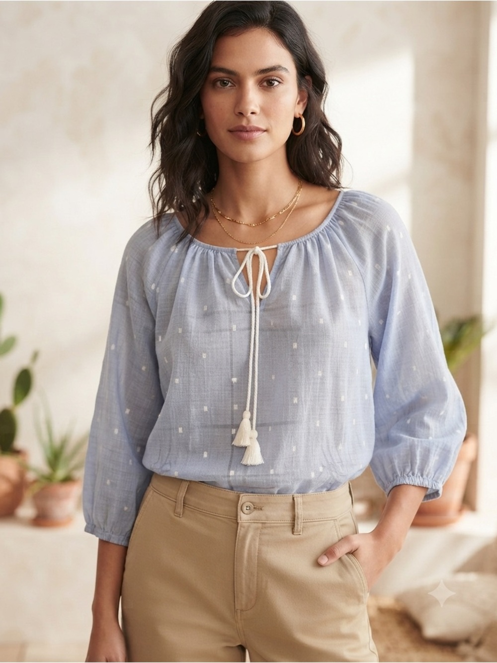 J. Crew Light Blue Dot Peasant Blouse with Tassel Tie